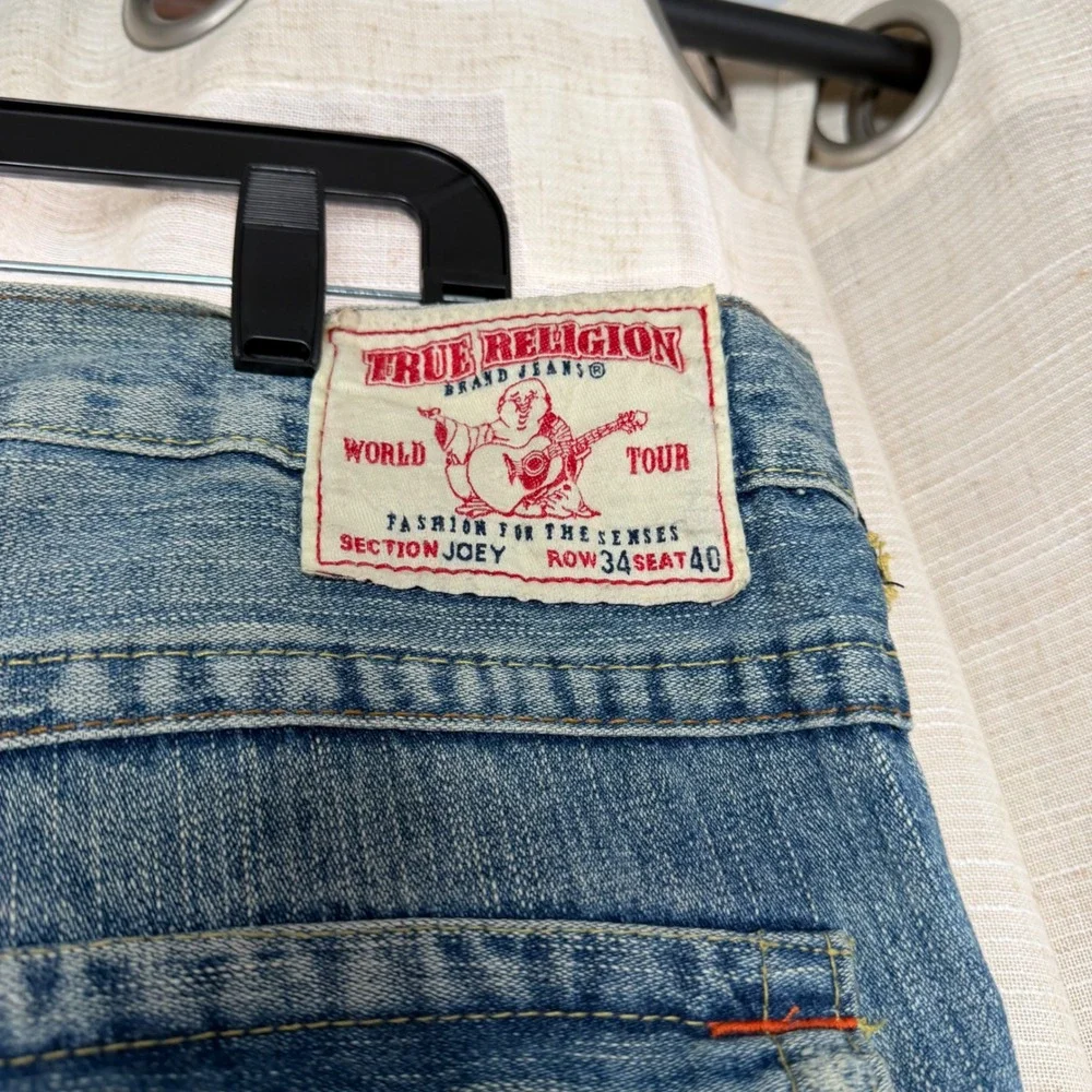 Y2K Vintage True Religion Joey Samurai Graphic Jeans Blue Distressed Mens 40x30